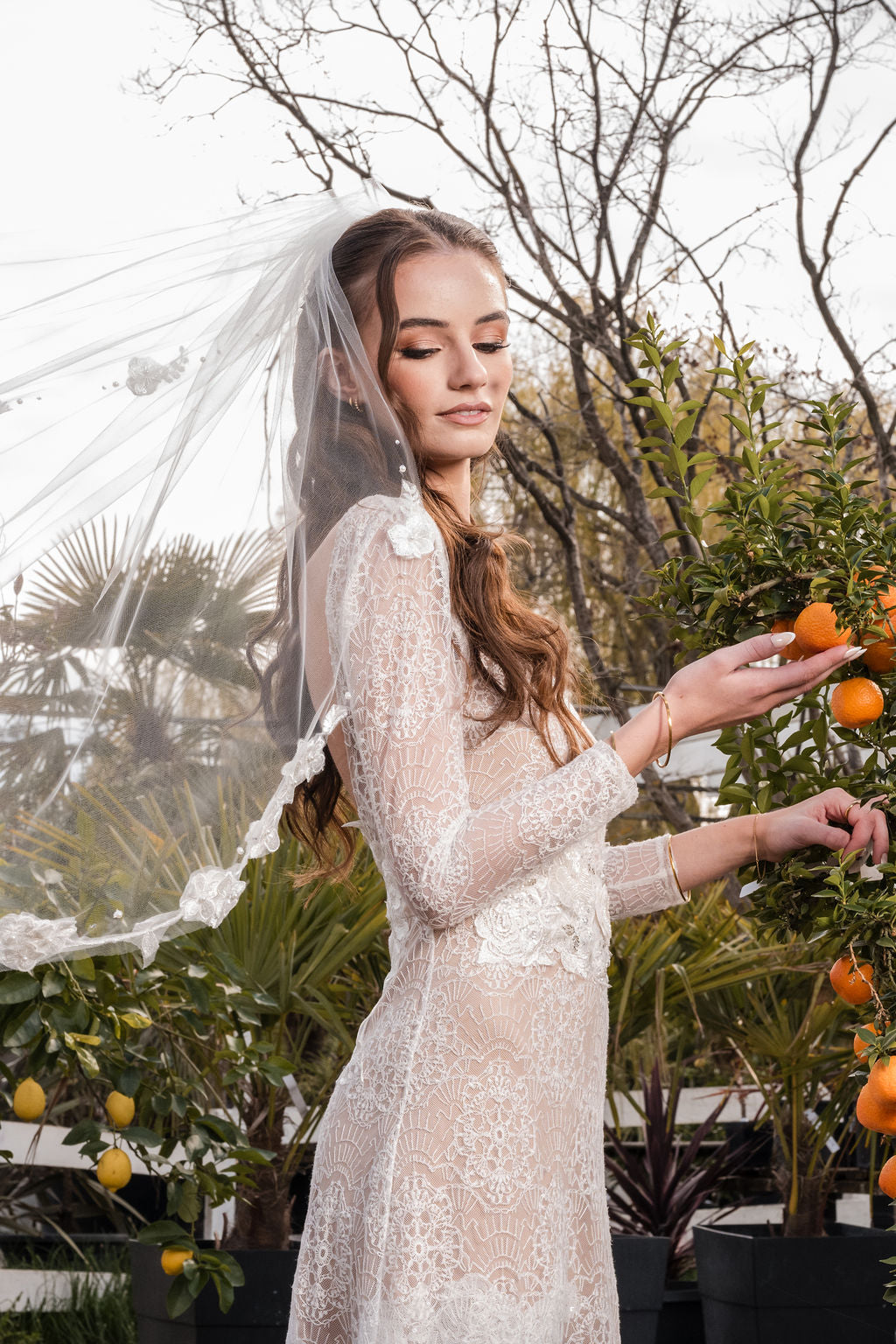 CELESTE Veil | Diamond White Single Tier | 3D Lace Veil with Pearls & Rhinestone Accents (36”–110”)