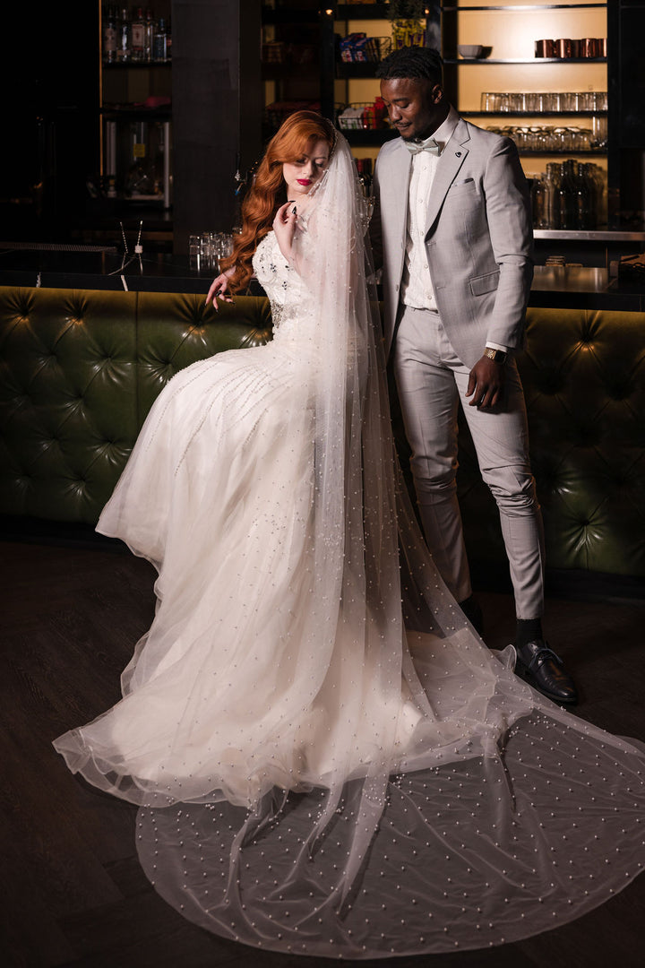 ESTELLE | Modern Pearl Veil | Trendy Veil | Single Tier Off White Veil