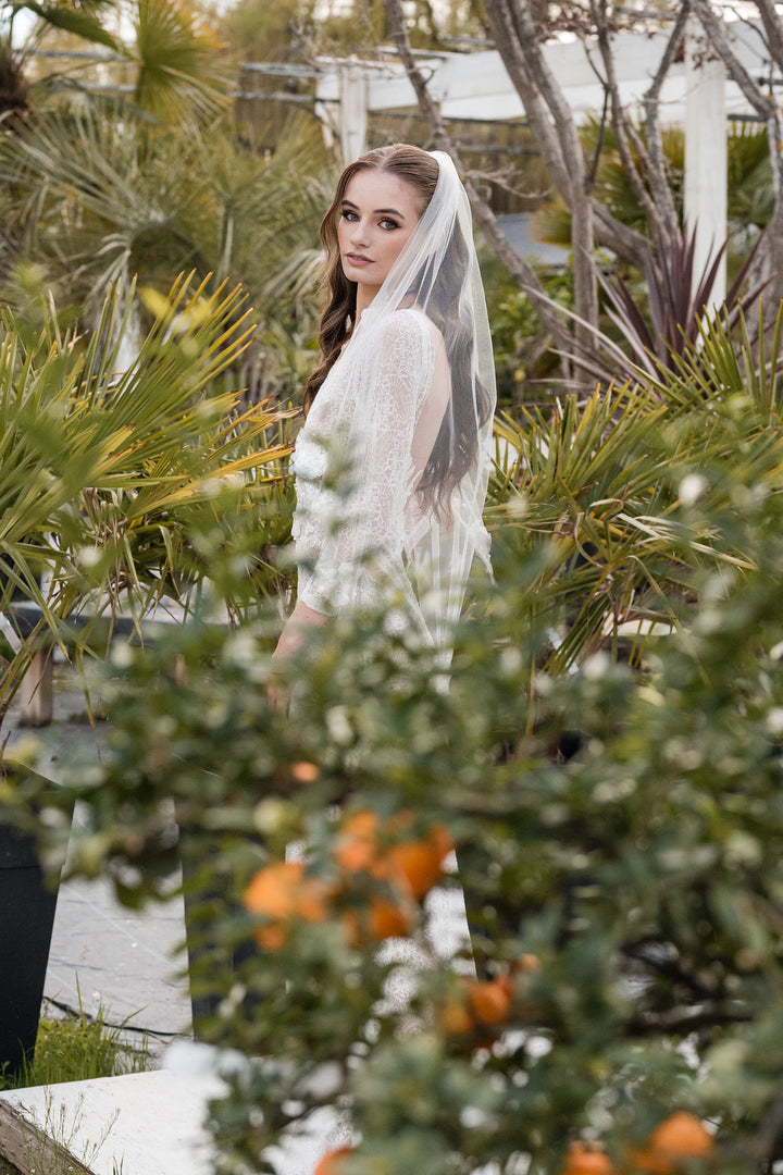 CELESTE Veil | Diamond White Single Tier | 3D Lace Veil with Pearls & Rhinestone Accents (36”–110”)