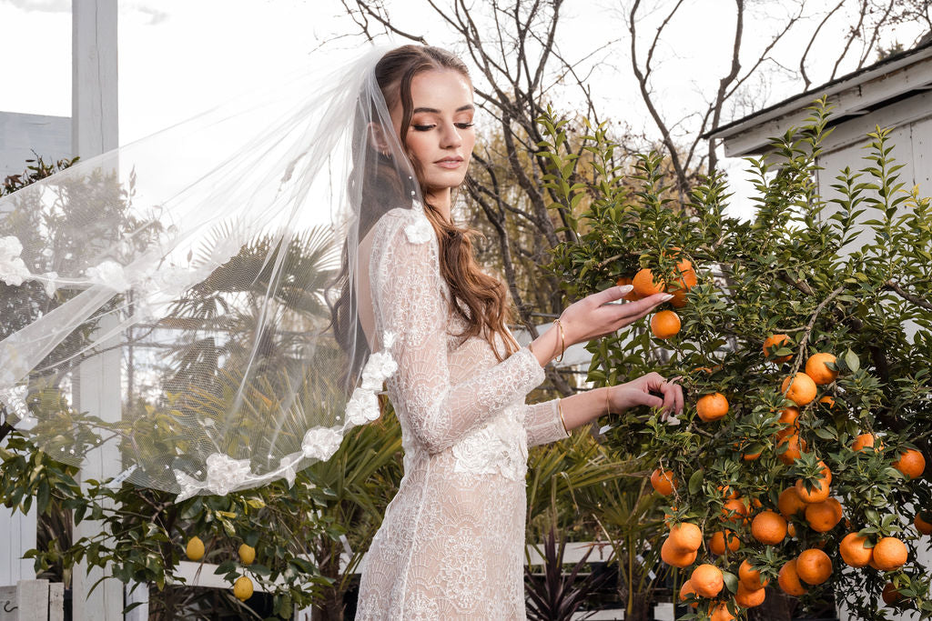 CELESTE Veil | Diamond White Single Tier | 3D Lace Veil with Pearls & Rhinestone Accents (36”–110”)
