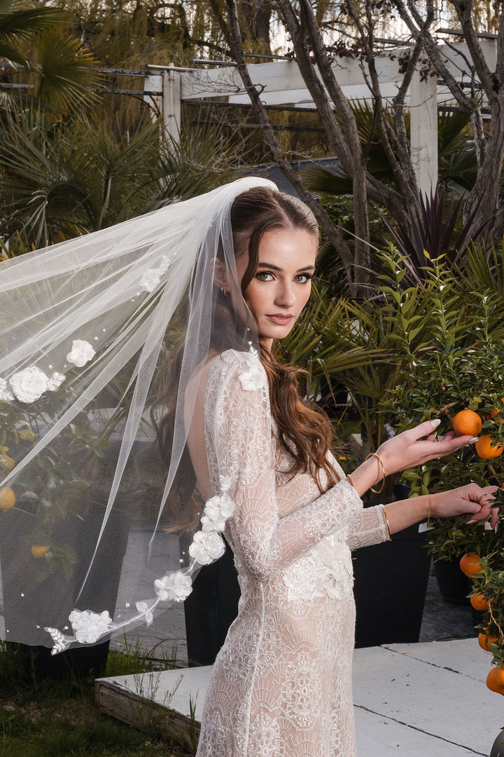 CELESTE Veil | Diamond White Single Tier | 3D Lace Veil with Pearls & Rhinestone Accents (36”–110”)