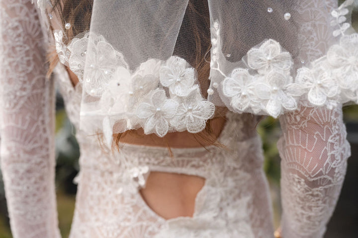 CELESTE Veil | Diamond White Single Tier | 3D Lace Veil with Pearls & Rhinestone Accents (36”–110”)