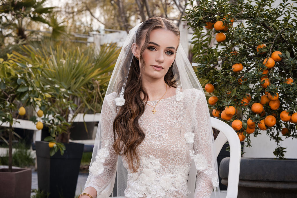 CELESTE Veil | Diamond White Single Tier | 3D Lace Veil with Pearls & Rhinestone Accents (36”–110”)