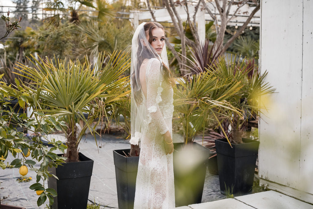 CELESTE Veil | Diamond White Single Tier | 3D Lace Veil with Pearls & Rhinestone Accents (36”–110”)