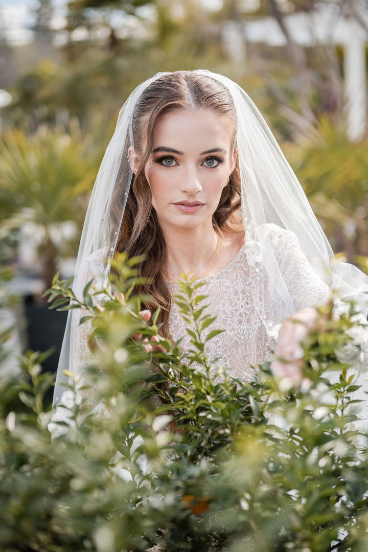 CELESTE Veil | Diamond White Single Tier | 3D Lace Veil with Pearls & Rhinestone Accents (36”–110”)