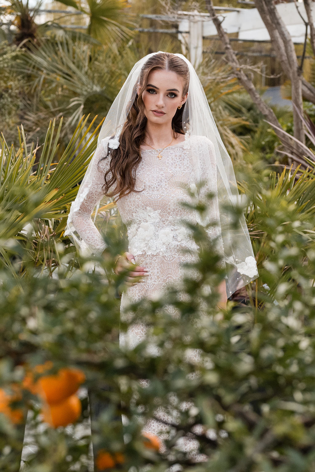 CELESTE Veil | Diamond White Single Tier | 3D Lace Veil with Pearls & Rhinestone Accents (36”–110”)