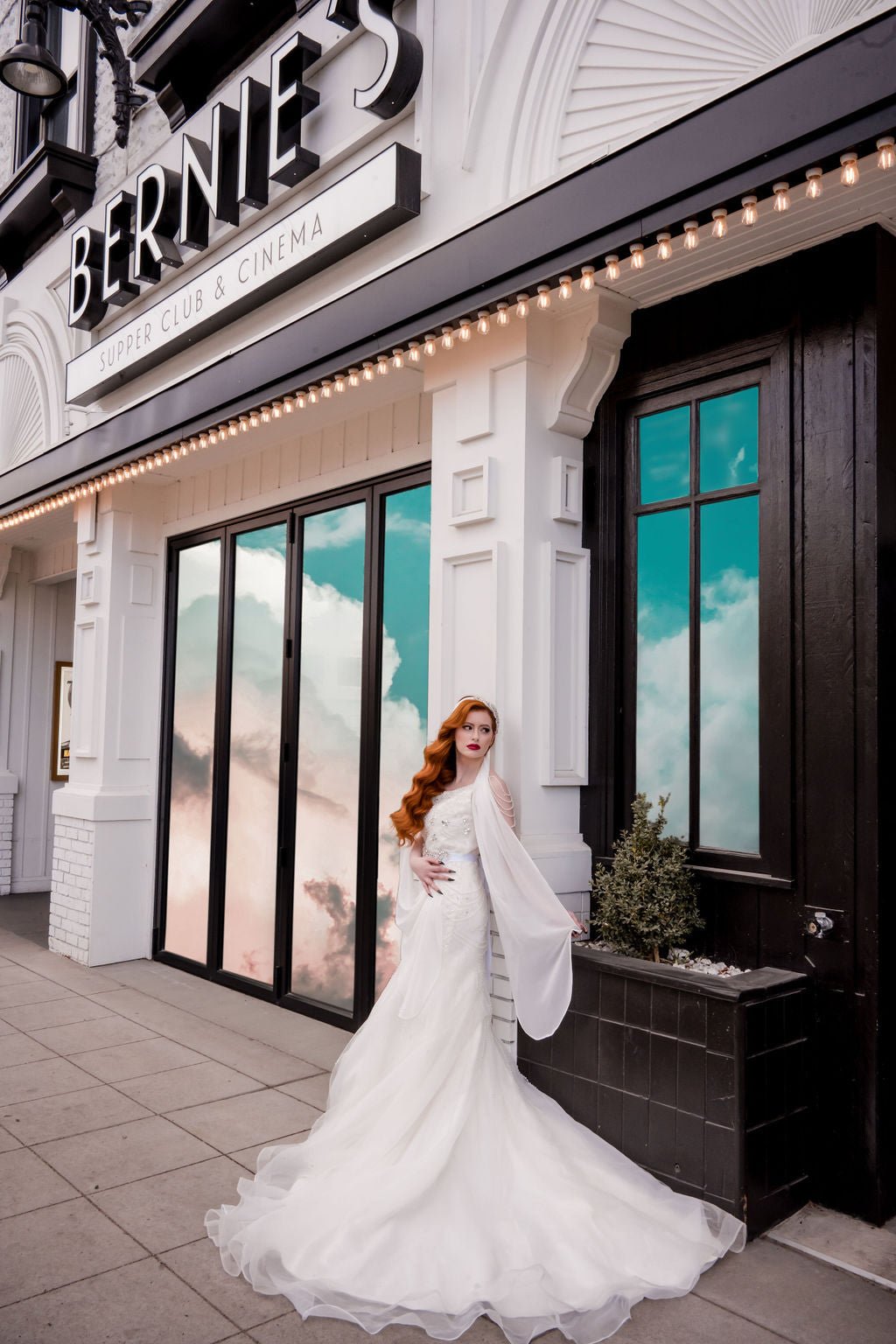 MARILYN vintage bridal cap with tie-back chiffon veil on bride