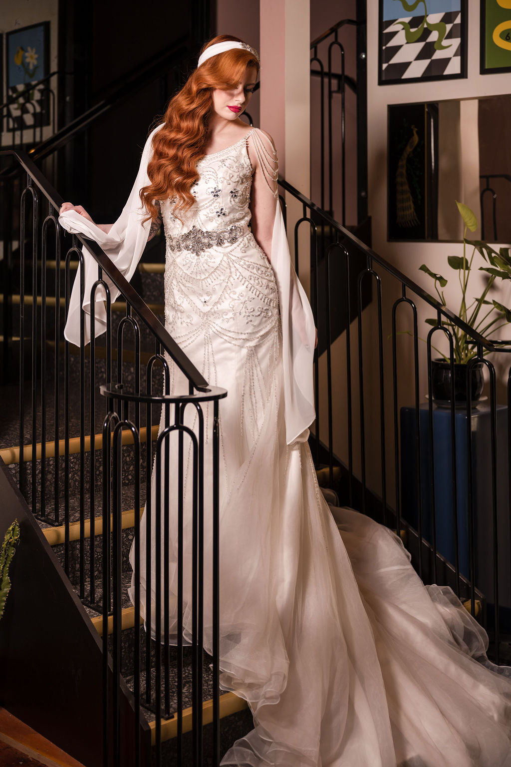 MARILYN vintage bridal cap with tie-back chiffon veil on bride