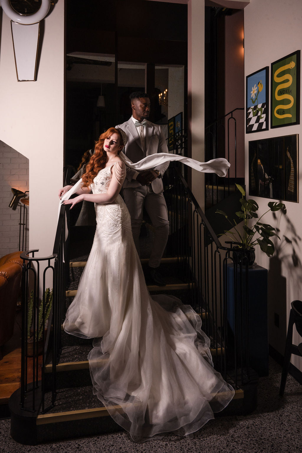 MARILYN Art Deco beaded bridal cap with flowing chiffon veil detail