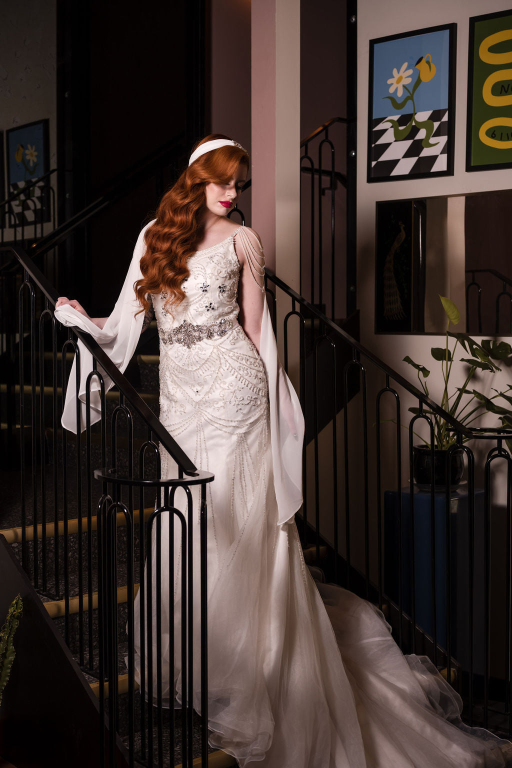 MARILYN Art Deco beaded bridal cap with flowing chiffon veil detail