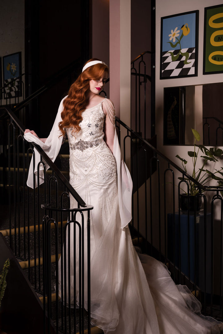 MARILYN Art Deco beaded bridal cap with flowing chiffon veil detail