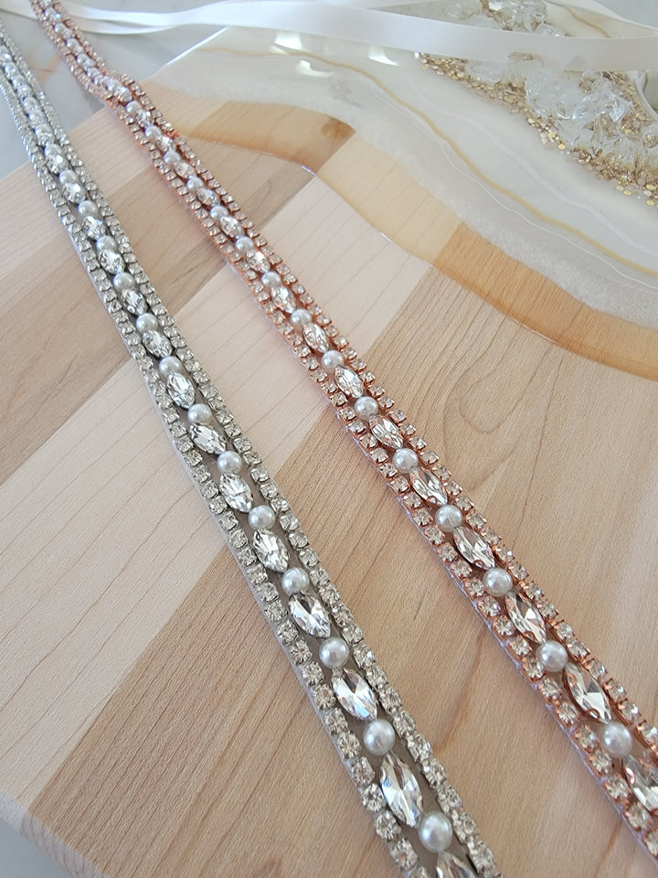 OLIVIA | Rhinestone & Pearl Belt | Thin Delicate Bridal Belt