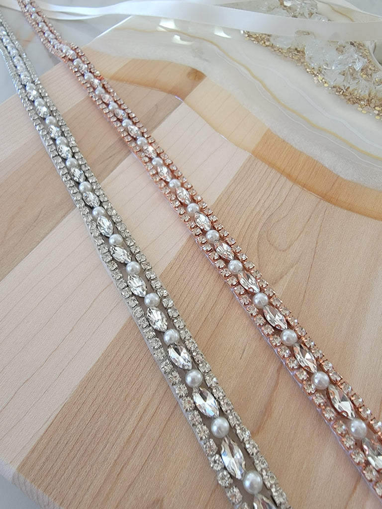 OLIVIA | Rhinestone & Pearl Belt | Thin Delicate Bridal Belt