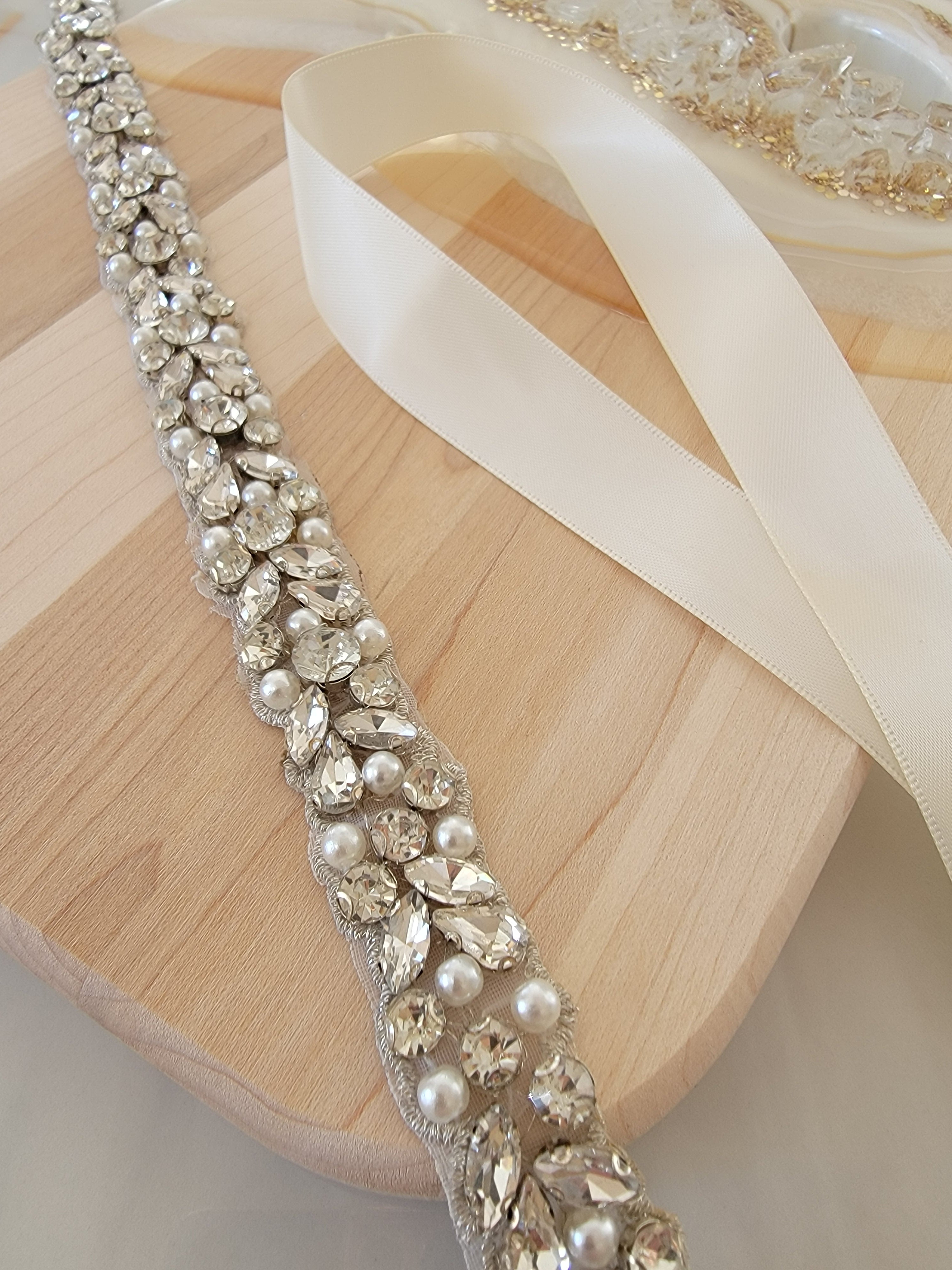 ivory wedding dress belt White Diamante Belt Wedding Handmade Ivory Pearl Wedding Belt: Crystal Bridal Sash, 1" Width