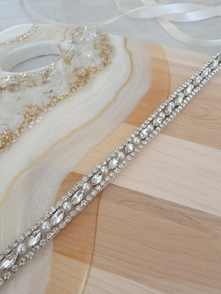 OLIVIA | Rhinestone & Pearl Belt | Thin Delicate Bridal Belt