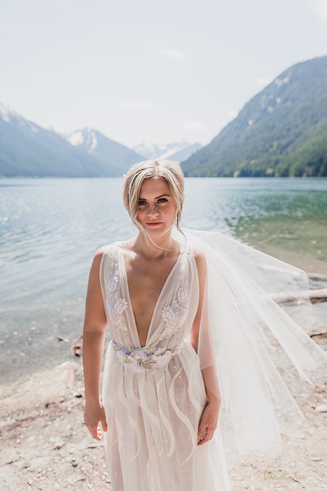 Two tier drop style wedding veil with 33 inch blusher minimal gather handmade in Canada