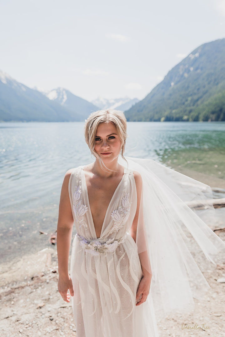 Two tier drop style wedding veil with 33 inch blusher minimal gather handmade in Canada