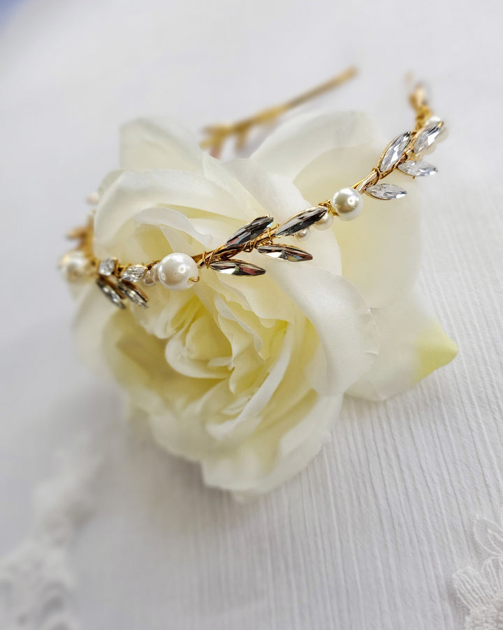REIN | Gold, Crystal & Pearl Headband | Dainty Halo | Gold Crown
