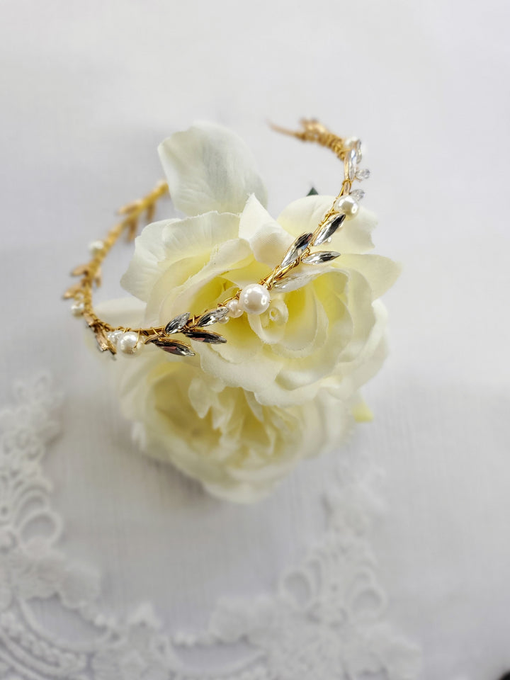 REIN | Gold, Crystal & Pearl Headband | Dainty Halo | Gold Crown