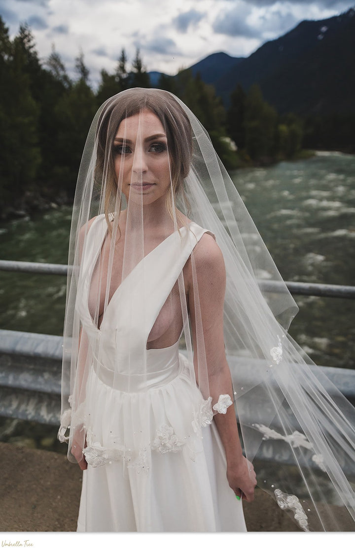 EDELWIESS | Modern Lace Veil | Soft Delicate Veil | Floral Veil | Single Tier OR Blusher Veil | Pearl & Rhinestone Detail