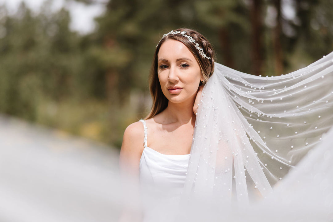 ESTELLE | Modern Pearl Veil | Trendy Veil | Single Tier Off White Veil