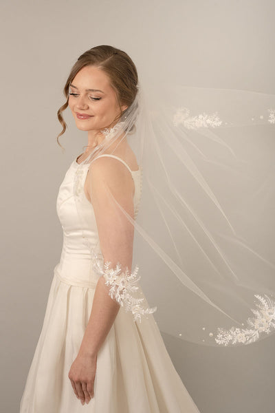 WILLOW | Lace Veil with Pearl Accents | Minimalist Veil | Soft Delicate Tulle Veil